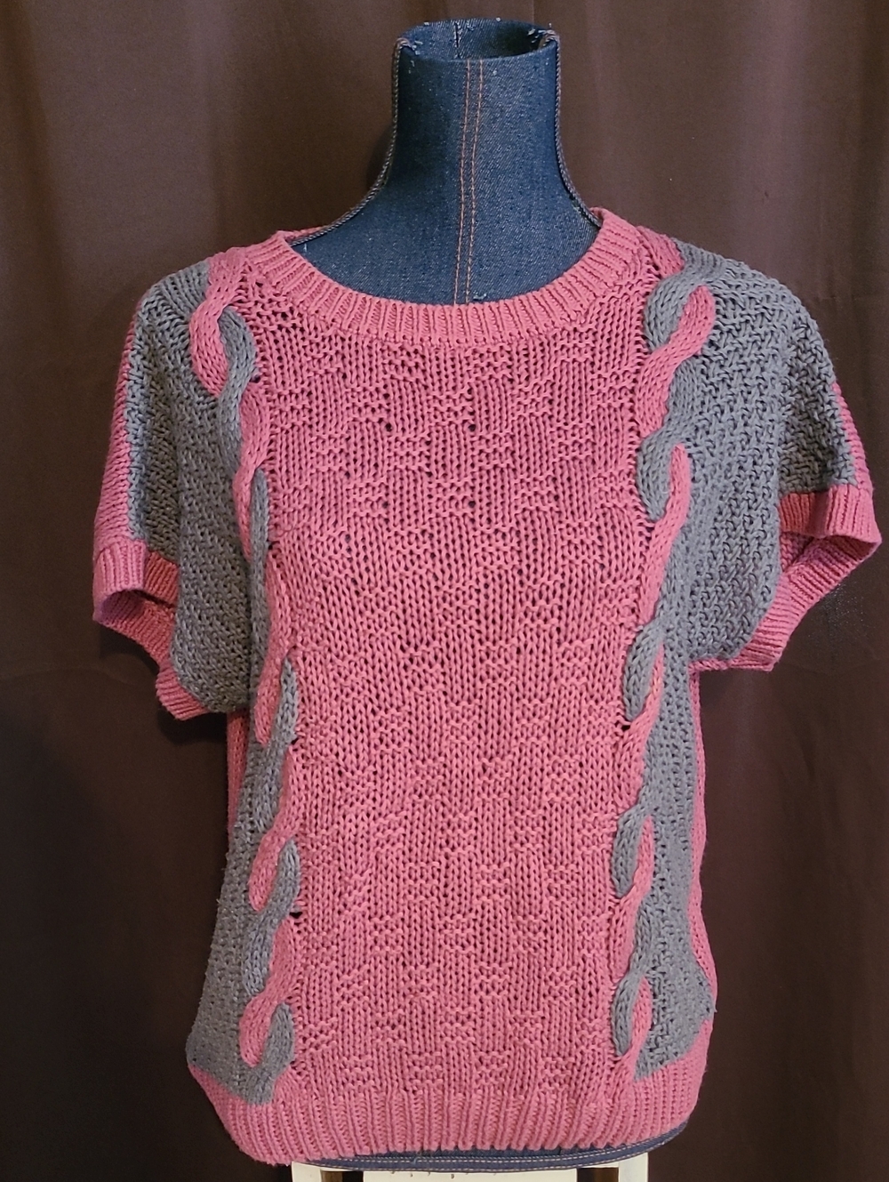 Pink and Gray Short-Sleeve Crewneck Sweater with Cable Trim